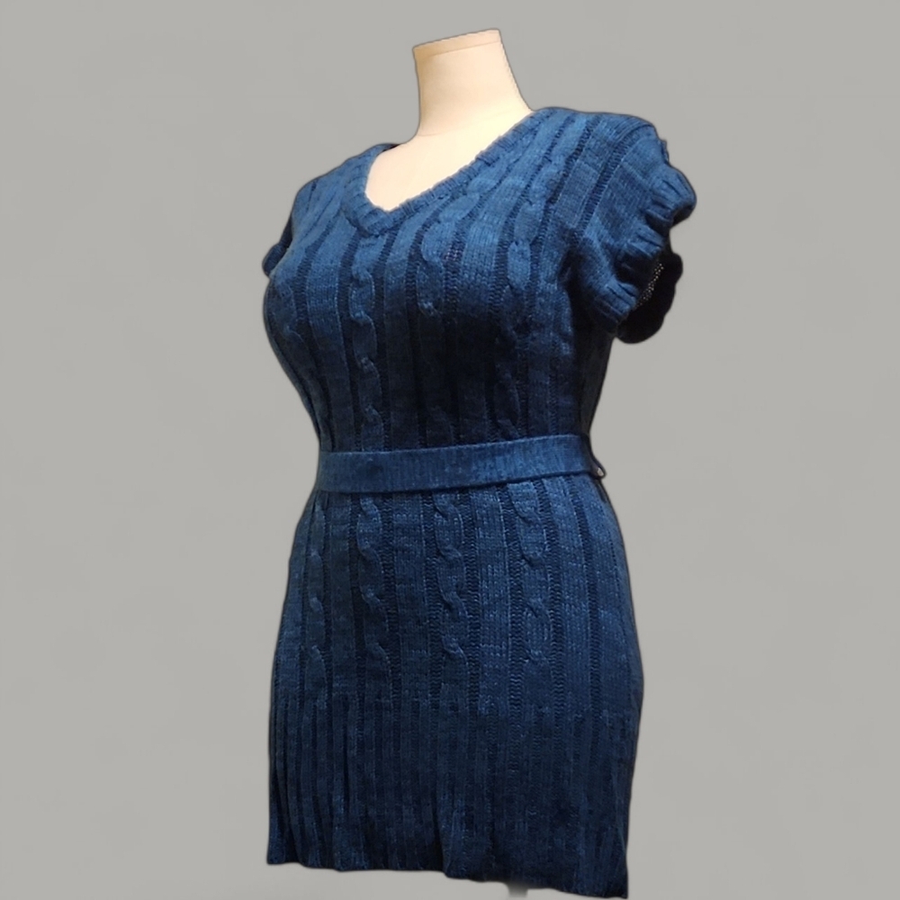 Blue (Teal) Cable Knit Sweater Dress With Belt